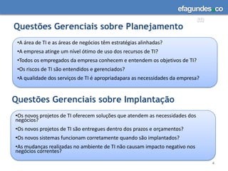 Questões Gerenciais sobre Planejamento4A área de TI e as áreas de negócios têm estratégias alinhadas? 