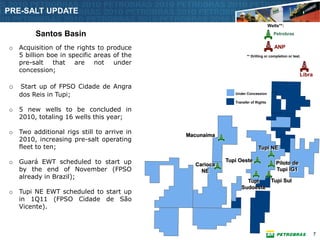 PRE-SALT UPDATE
                                                                                 Wells**:

         Santos Basin                                                              Petrobras


o   Acquisition of the rights to produce                                            ANP
    5 billion boe in specific areas of the                        ** Drilling or completion or test.
    pre-salt that are not under
    concession;
                                                                                                   Libra

o   Start up of FPSO Cidade de Angra
    dos Reis in Tupi;                                       Under Concession

                                                            Transfer of Rights

o   5 new wells to be concluded in
    2010, totaling 16 wells this year;

o   Two additional rigs still to arrive in   Macunaíma
    2010, increasing pre-salt operating
    fleet to ten;                                                        Tupi NE

o   Guará EWT scheduled to start up            Carioca
                                                         Tupi Oeste                  Piloto de
    by the end of November (FPSO                 NE                                  Tupi IG1
    already in Brazil);
                                                                 Tupi             Tupi Sul
                                                               Sudoeste
o   Tupi NE EWT scheduled to start up
    in 1Q11 (FPSO Cidade de São
    Vicente).



                                                                                                           7
 