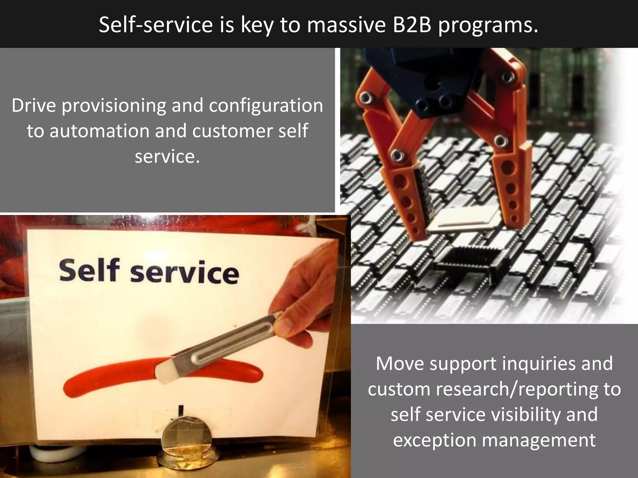 Self-service is key to massive B2B programs.


Drive provisioning and configuration
 to automation and customer self
              service.




                                        Move support inquiries and
                                       custom research/reporting to
                                         self service visibility and
                                          exception management
                                                                11
 