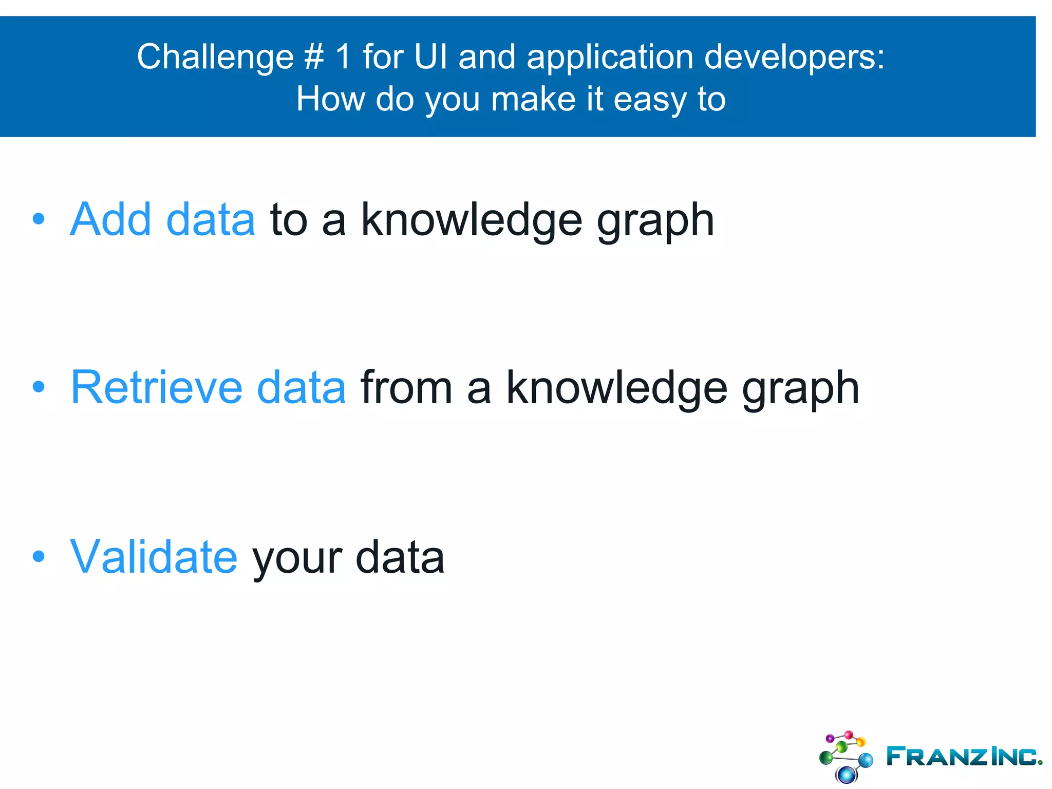 Challenge # 1 for UI and application developers:
How do you make it easy to
• Add data to a knowledge graph
• Retrieve data from a knowledge graph
• Validate your data
 