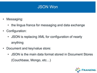 JSON Won
• Messaging:
• the lingua franca for messaging and data exchange
• Configuration:
• JSON is replacing XML for configuration of nearly
anything
• Document and key/value store:
• JSON is the main data format stored in Document Stores
(Couchbase, Mongo, etc…)
 