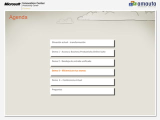 Reducir costes con una bandeja de entrada unificadaConsolidar y ComunicarE-mail andCalendaringWebConferencing VideoConferencing InstantMessagingAudioConferencingTelephonyVoice MailInstantMessagingTelephony andVoice MailUnified Conferencing: Audio, Video, WebE-mail/CalendaringUser ExperienceUserExperienceUser ExperienceUserExperienceUser ExperienceUserExperienceUser ExperienceUnified Inbox & PresenceAuthenticationAdministrationStorageComplianceAuthenticationAdministrationStorageAuthenticationAdministrationStorageAuthenticationAdministrationStorageAuthenticationAdministrationStorageAuthenticationAdministrationStorageAuthenticationAdministrationStorageAuthenticationAdministrationStorage