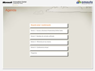 AgendaSituación actual - transformaciónDemo 1 - Acceso a Business Productivity Online SuiteDemo 2 - Bandeja de entrada unificadaDemo 3 – Eficiencia en tus manosDemo 4 – Conferencia virtualPreguntas