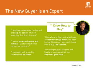 The New Buyer Is an Expert

                                                 “I Know How to
  “I need you to take what I’ve learned               Buy”
  and help me achieve what I’m
  expecting. And don’t lie to me.”
                                          “I know how to figure out what I need
                                          and compare things myself. I’ve been
  “I have a network of people and         buying things since I was a kid. I know
  websites I use to find out what         how to buy. Don’t sell me.”
  options are out there.”
                                          “I’m willing to give a fair price and
  “I constantly look around to            loyalty to a company that can
  see how I can be better.”               offer me a good value.”




                                                                             Source: IDC 2012
 