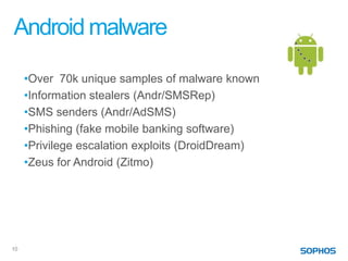 Android malware

     •Over 70k unique samples of malware known
     •Information stealers (Andr/SMSRep)
     •SMS senders (Andr/AdSMS)
     •Phishing (fake mobile banking software)
     •Privilege escalation exploits (DroidDream)
     •Zeus for Android (Zitmo)




10
 