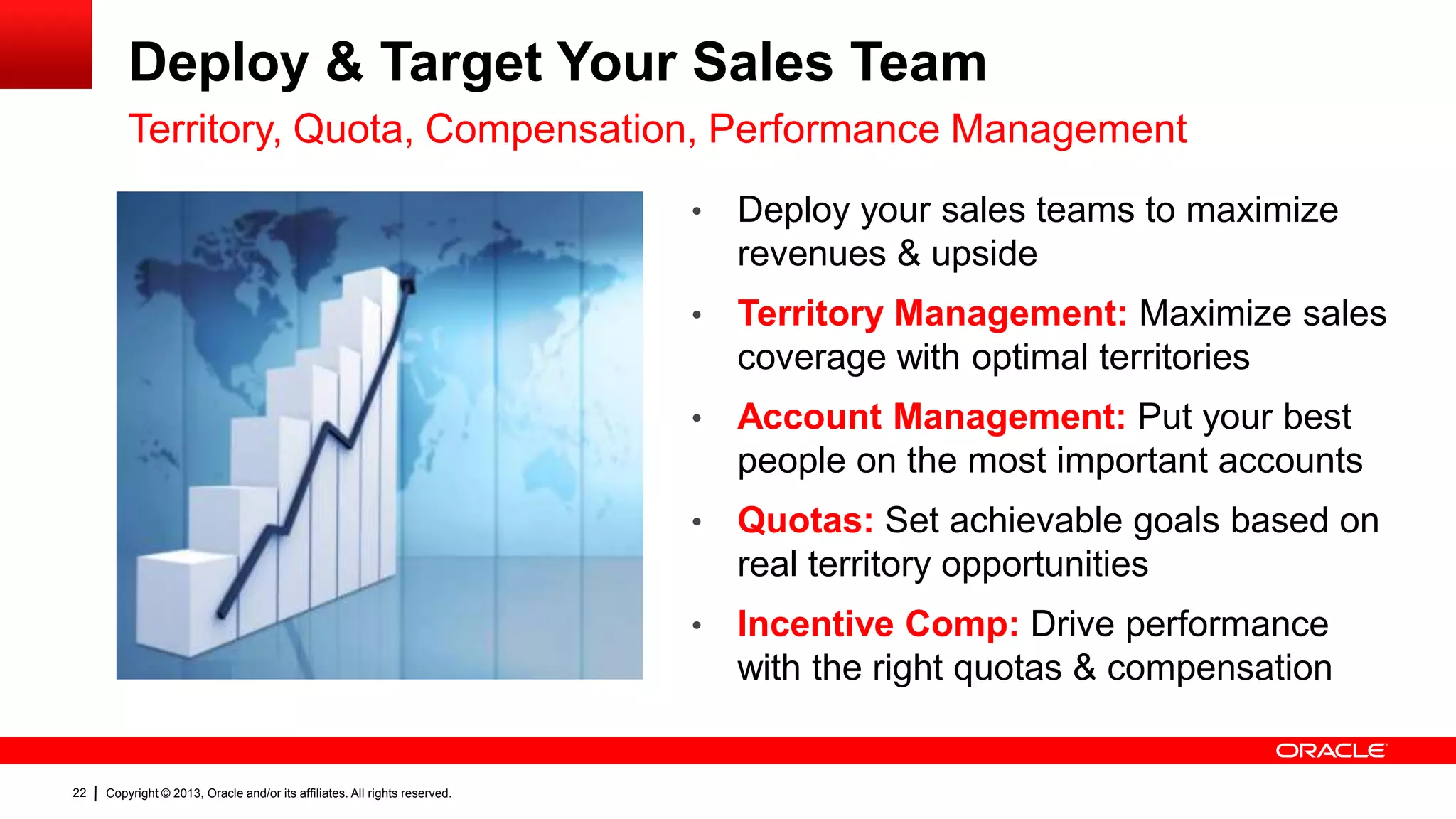Deploy & Target Your Sales Team
Territory, Quota, Compensation, Performance Management
•
•

Account Management: Put your best
people on the most important accounts

•

Quotas: Set achievable goals based on
real territory opportunities

•

Copyright © 2013, Oracle and/or its affiliates. All rights reserved.

Territory Management: Maximize sales
coverage with optimal territories

•

22

Deploy your sales teams to maximize
revenues & upside

Incentive Comp: Drive performance
with the right quotas & compensation

 