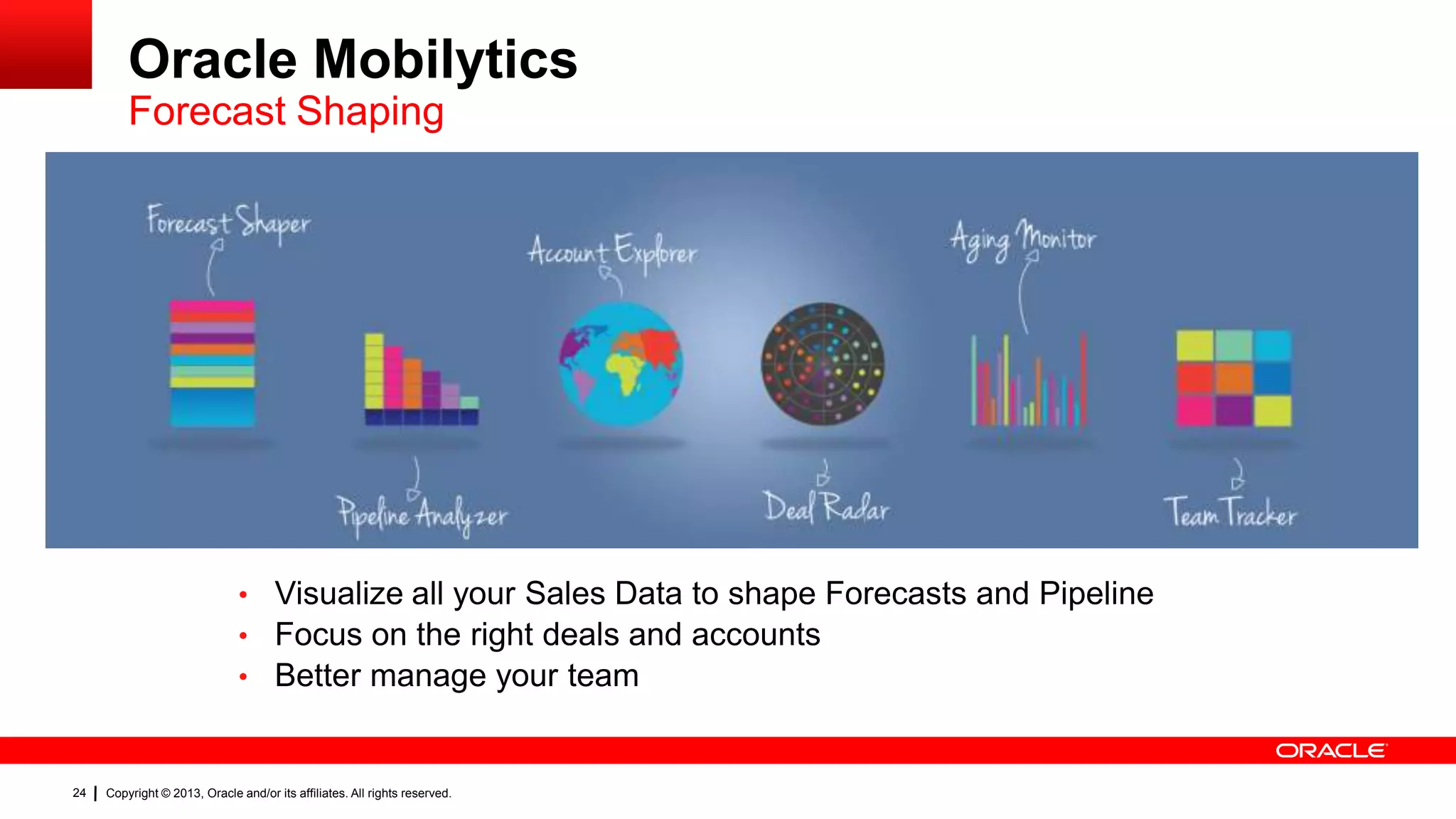 Oracle Mobilytics
Forecast Shaping

• Visualize all your Sales Data to shape Forecasts and Pipeline
• Focus on the right deals and accounts
• Better manage your team

24

Copyright © 2013, Oracle and/or its affiliates. All rights reserved.

 