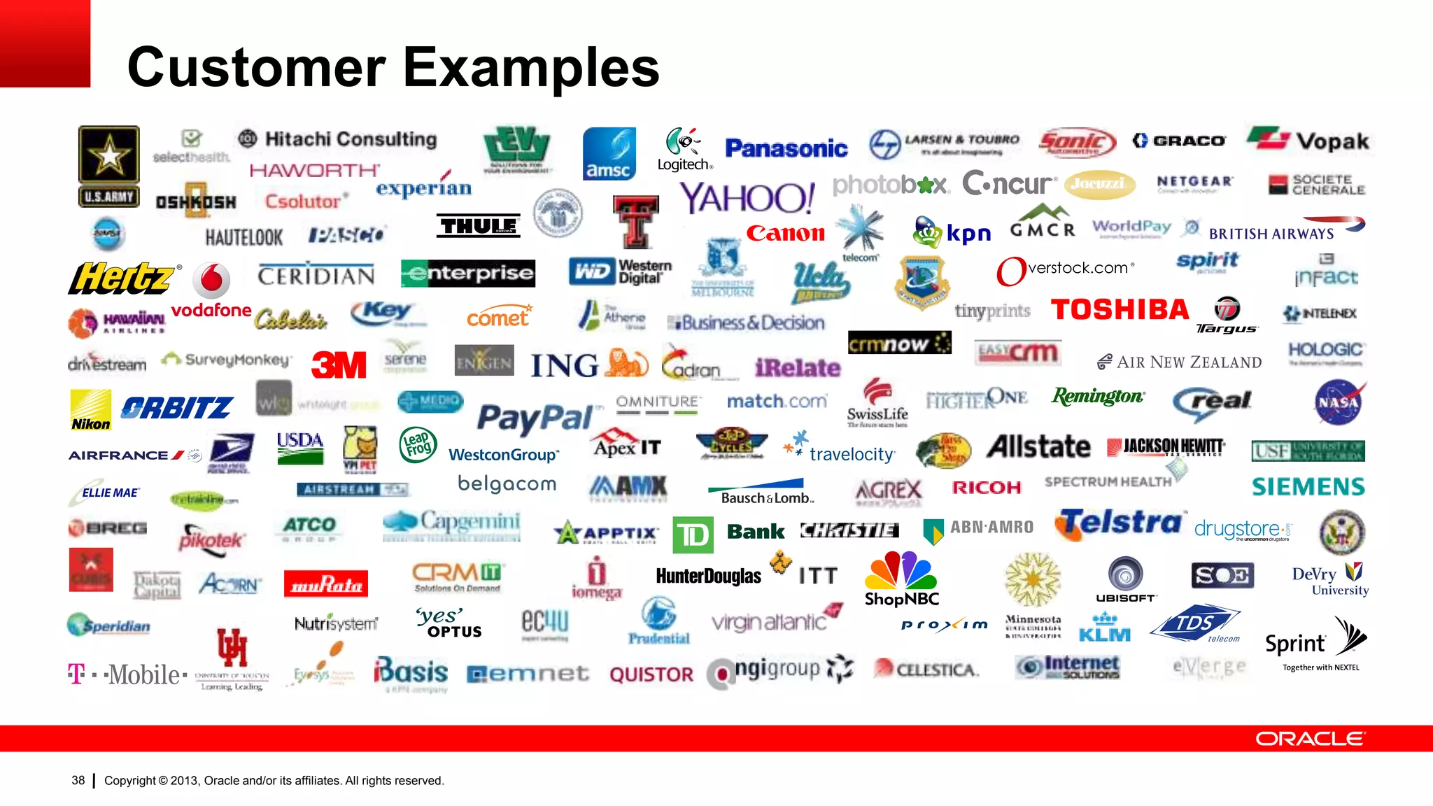 Customer Examples

38

Copyright © 2013, Oracle and/or its affiliates. All rights reserved.

 