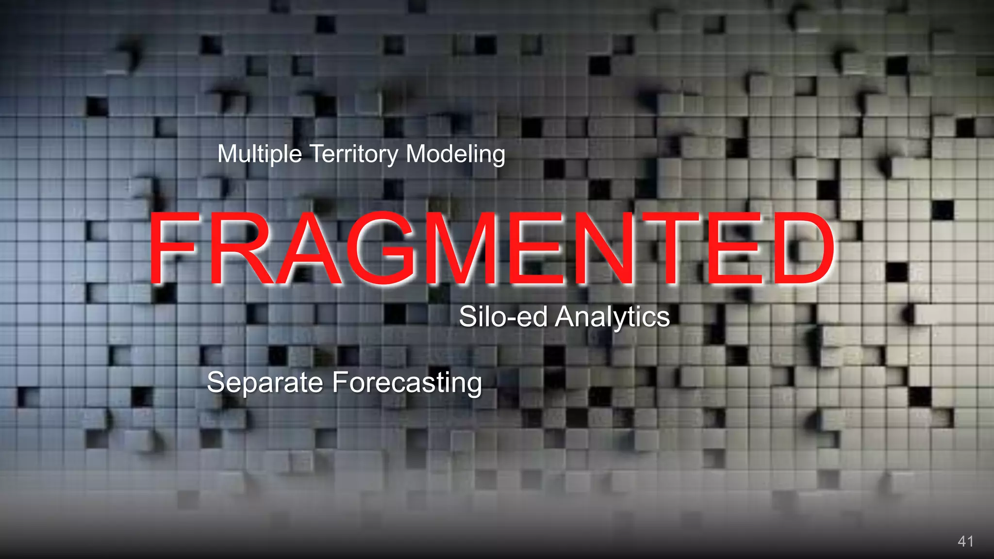 Multiple Territory Modeling

FRAGMENTED
Silo-ed Analytics
Separate Forecasting

41

Copyright © 2013, Oracle and/or its affiliates. All rights reserved.

41

 