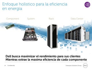 Enfoque holistico para la eficiencia
en energia

      Component      System    Rack               Data Center




  Dell busca maximizar el rendimiento para sus clientes
  Mientras extrae la maxima eficiencia de cada componente
 14   Confidential                        Enterprise Solutions Group
 