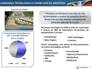LIDERANÇA TECNOLÓGICA E KNOW-HOW DA INDÚSTRIA

            Expansão do CENPES 

                                       Parcerias da Petrobras com mais de 120
                                     universidades e centros de pesquisa levam o
                                      Brasil a ter um dos maiores complexos de
                                             pesquisa aplicada do mundo

                                   No parque tecnológico da UFRJ já estão em construção
                                   4  centros de  P&D  de  importantes fornecedores de 
   Investimentos da Petrobras em   equipamentos e serviços:
     HSE, TI and P&D (2010‐14)
                                     • Schlumberger           • FMC Technologies
          US$ 11.4 bilhões
                                     • Baker Hughes           • Usiminas
                             29%
                                   Outras Companhias com  planos de  desenvolvimento
                                   de centros tecnológicos no Brasil:
  46%
                       1.9           • Cameron
      0.2                                                    •TenarisConfab
                                     • General Electric
            0.9                                              • Vallourec & Mannesman
                                     • Halliburton 
                                     • IBM                   • Weatherford
                        25%
                                     • Technip               • Wellstream
        HSE       TI    P&D

                                                                                          9
 