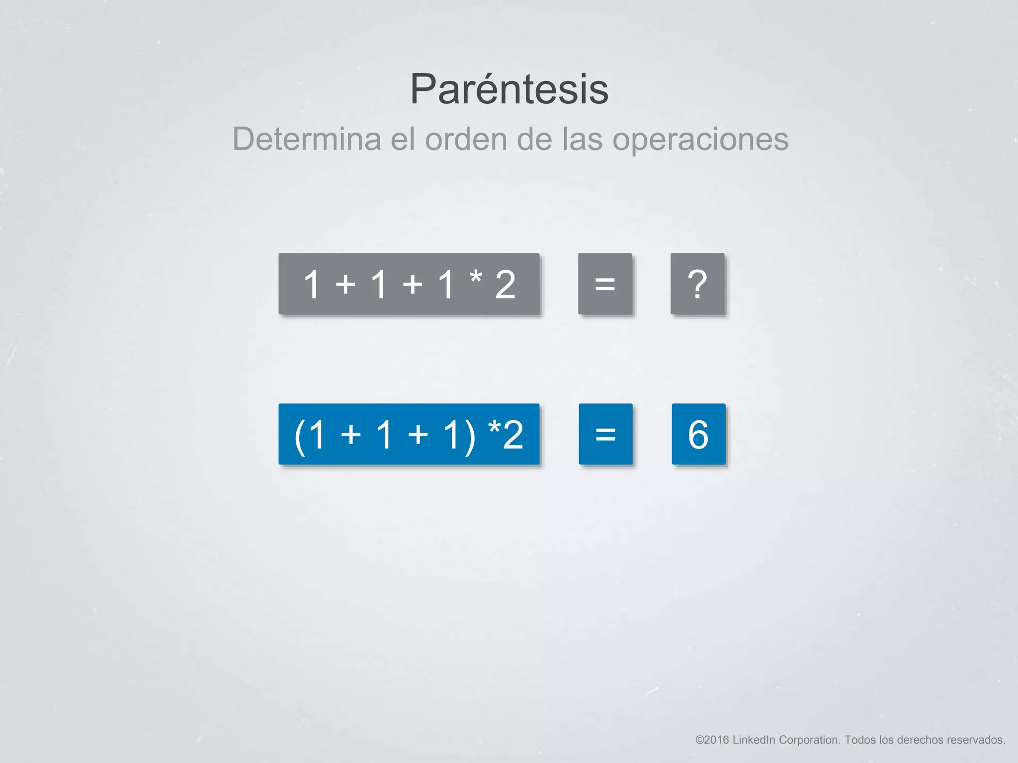 ©2016 LinkedIn Corporation. Todos los derechos reservados.
Determina el orden de las operaciones
Paréntesis
1 + 1 + 1 * 2
(1 + 1 + 1) *2
= ?
= 6
 