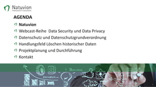 AGENDA
Natuvion
Webcast-Reihe		Data	Security	und	Data	Privacy
Datenschutz	und	Datenschutzgrundverordnung
Handlungsfeld	Löschen	historischer	Daten
Projektplanung	und	Durchführung
Kontakt
2
 