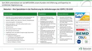 Seit	2014	unterstützen	wir	als	NATUVION	unsere	Kunden	mit	Erfahrung	und	Expertise	im	
Umfeld	der	Digitalisierung
3
Gegründet:	2014	als	eigentümergeführter	Beratungsspezialist		mit	
Fokus	Versorgungswirtschaft,	Security	und	Transformation
Standorte:	Walldorf,	Berlin,	München,	Wien(AT),	Philadelphia(US)
Unternehmensgröße:	>	55 Mitarbeiter
Expertise	der	Berater:	>	75	%	SAP	zertifiziert	&	Ø 12	Jahre	
Energiewirtschaft	und	SAP
SAP	Gold	Partner	
SAP	Recognized Expertise	in	Utilities	
SAP	Landscape Transformation
Langjähriger	Partner	der	größten	Energieversorger	Deutschlands
Leistungen/Kompetenzen:
§ Strategisches IT-Management
§ IT	Consulting	für	die	Energiewirtschaft
§ SAP	Transformation	&	Data	Services
§ SAP	Security	&	Data	Privacy	/	Protection
§ Business	Intelligence /	Analytics	
Natuvion Gruppe
Tiefgehende	Erfahrung	in	der	
Umsetzung	von	DS-GVO	/	GDPR	
Anforderungen	
Strategische	Partnerschaft	mit	
Entwicklungsteams	der	SAP	im	
Bereich	Data	Protection and Privacy	
– ILM	/	IRF	/	Consent
Enge	und	langjährige	Partnerschaft	
mit	Experten	im	IT/	Datenschutz	
Recht	
Vollständiges	Verständnis	über	die	
Prozesse	und	Anforderungen	aus	
Business	– IT	– Datenschutzsicht	
Eigene	zertifizierte	Lösungen	für	
konsistente	Datenlöschung,	
Auskunft	und	Anonymisierung
Ausgewiesene	Data	Protection und	
Privacy	Expertise	(Lösungen)
Ausgewiesene	
Transformationsexpertiese
Erfolgsfaktoren
Konzeption	und	Einführung	
Anonymisierung	(IS-U	/	CRM)
Konzernweiter	Roll-Out	einer	
Systemanonymisierung	(CRM	/	
IS-U	/	ERP	/	HCM)
Selektive	Datenlöschung	(IS-U	/	
CRM	/	ERP	/	BW)
Löschkonzeption	DS-GVO	/	
GDPR	(SAP	Systemlandschaft)
IT	und	Prozesskonzeption	
Konformität	Rechte	Betroffener	
nach	DS-GVO	/	GDPR	(Auskunft	
&	Transparenz)
System	und	Daten-
dekommissionierung mit	SAP	
ILM
Konzeption	und	Realisierung	
Auskunft	(SAP	IRF)
Relevante	Referenzen
Natuvion	– Ihre	Spezialisten	in	der	Realisierung	der	Anforderungen	der	GDPR	/	DS-GVO
Data	Security	und	Data	Privacy	in	SAP		- Datenanonymisierung	
 