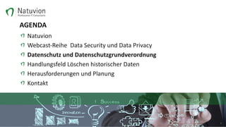 AGENDA
Natuvion
Webcast-Reihe		Data	Security	und	Data	Privacy
Datenschutz	und	Datenschutzgrundverordnung
Handlungsfeld	Löschen	historischer	Daten
Herausforderungen	und	Planung	
Kontakt
7
 