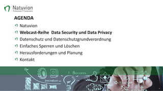 AGENDA
Natuvion
Webcast-Reihe		Data	Security	und	Data	Privacy
Datenschutz	und	Datenschutzgrundverordnung
Einfaches	Sperren	und	Löschen	
Herausforderungen	und	Planung	
Kontakt
4
 