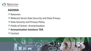 AGENDA
Natuvion
Webcast Series Data Security and Data Privacy
Data Security and Privacy Policy
Fields of Action: Anonymization
Anonymization Solutions TDA
Contact
14
 