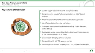 Test Data Anonymization (TDA)
Natuvion’s Solution: Overview
Key Features of the Solution Quickly supply test systems with anonymized data
Comprehensive pseudo/full anonymization on ABAP-based
systems
Anonymization of non SAP solutions (databanks) possible
Use of value tables for using real values
Extremely high conversion performance (e.g. 14 Mil. Partners
within 8 Hrs.)
Supply data across system boundaries, to ensure the consistency
of the transferred data at all times
Economically & legally certified solution
Compatable with NW 7.0 systems and up
Distinctive data models for ERP / IS-U / FI-CA / CRM / HCM / BW
17 Data Security und Data Privacy in SAP - Data Anonymization
 