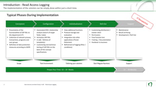 Introduction - Read Access Logging
The implementation of the solution can be simply done within just a short time.
14
Conception Configuration Individualization Roll-Out Support
▪ Presentation of the
functionalities of SAP RAL to
the department (IT)
▪ Collection of relevant process,
transactions, programs and
user groups
▪ Definition of data protection
measures according to GDPR
▪ Automated DDIC relationship
analysis (search of target
fields / data)
▪ Activation SAP RAL
▪ In add.: Delivery of
template(s)
▪ Customizing and technical
testing of SAP RAL on the
basis of the concept
specifications
▪ View additional functions
▪ Protocol storage and
evaluation
▪ Integration into other
applications (Threat
Detection)
▪ Refinement of logging (filter /
conditions)
▪ Customizing distribution /
master client
▪ Permissions
▪ Final function test
▪ Training / Documentation
▪ Handover to business
▪ Maintenance
▪ Result archiving
▪ Development / Roll-Out
Project Run Time: 10 – 24 Weeks 12 - 24 Months
Scope Test Environment Tailoring your solution Start Regular Business Support
Typical Phases During Implementation
Data Security und Data Privacy in SAP - Read Access Logging
 