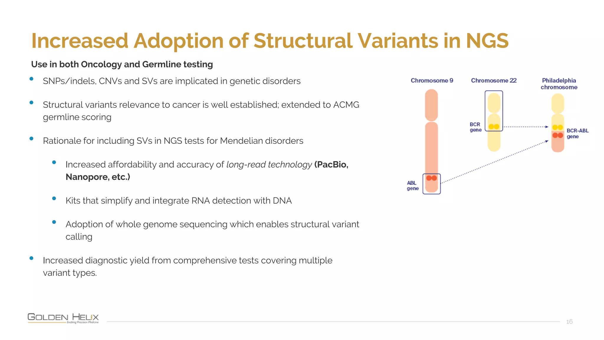 Increased Adoption of Structural Variants in NGS
16
Use in both Oncology and Germline testing
• SNPs/indels, CNVs and SVs are implicated in genetic disorders
• Structural variants relevance to cancer is well established; extended to ACMG
germline scoring
• Rationale for including SVs in NGS tests for Mendelian disorders
• Increased affordability and accuracy of long-read technology (PacBio,
Nanopore, etc.)
• Kits that simplify and integrate RNA detection with DNA
• Adoption of whole genome sequencing which enables structural variant
calling
• Increased diagnostic yield from comprehensive tests covering multiple
variant types.
 