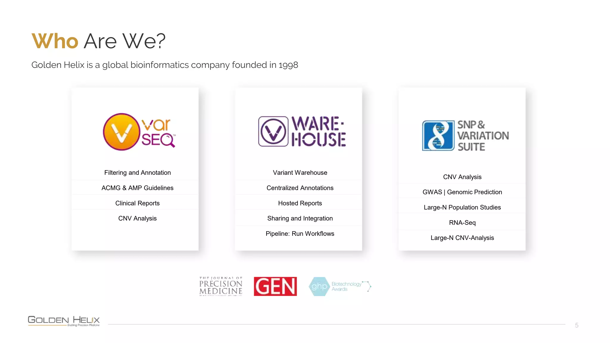 Who Are We?
5
Golden Helix is a global bioinformatics company founded in 1998
Filtering and Annotation
ACMG & AMP Guidelines
Clinical Reports
CNV Analysis
CNV Analysis
GWAS | Genomic Prediction
Large-N Population Studies
RNA-Seq
Large-N CNV-Analysis
Variant Warehouse
Centralized Annotations
Hosted Reports
Sharing and Integration
Pipeline: Run Workflows
 