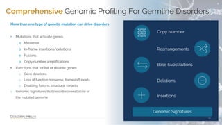 More than one type of genetic mutation can drive disorders
• Mutations that activate genes:
o Missense
o In-frame insertions/deletions
o Fusions
o Copy number amplifications
• Functions that inhibit or disable genes:
o Gene deletions
o Loss of function nonsense, frameshift indels
o Disabling fusions, structural variants
o Genomic Signatures that describe overall state of
the mutated genome
Comprehensive Genomic Profiling For Germline Disorders
15
Copy Number
Rearrangements
Base Substitutions
Deletions
Insertions
Genomic Signatures
 