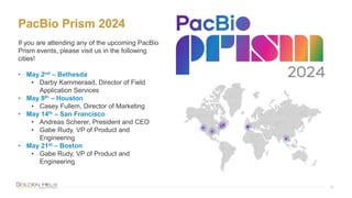 PacBio Prism 2024
32
If you are attending any of the upcoming PacBio
Prism events, please visit us in the following
cities!
• May 2nd – Bethesda
• Darby Kammeraad, Director of Field
Application Services
• May 8th – Houston
• Casey Fullem, Director of Marketing
• May 14th – San Francisco
• Andreas Scherer, President and CEO
• Gabe Rudy, VP of Product and
Engineering
• May 21st – Boston
• Gabe Rudy, VP of Product and
Engineering
 