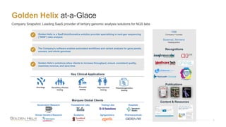Golden Helix at-a-Glace
5
Company Snapshot: Leading SaaS provider of tertiary genomic analysis solutions for NGS labs
Golden Helix is a SaaS bioinformatics solution provider specializing in next-gen sequencing
(“NGS”) data analysis

The Company’s software enables automated workflows and variant analysis for gene panels,
exomes, and whole genomes

Key Clinical Applications
Prenatal
testing
Hereditary disease
testing
Reproductive
testing
Oncology
Marquee Global Clients
Golden Helix’s solutions allow clients to increase throughput, ensure consistent quality,
maximize revenue, and save time

1998
Company Founded
Bozeman, Montana
Headquarters
Recognitions
Government Research
Pharmaceuticals
Agrigenomics
Testing Labs
Translational Labs
Human Genetics Research
Hospitals
Academia
Publications
Content & Resources
Pharmacogenetics
testing
 