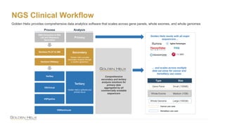 NGS Clinical Workflow
Golden Helix provides comprehensive data analytics software that scales across gene panels, whole exomes, and whole genomes
DNA Extraction in Wet
Lab and Sequence
Generation
VSClinical
Primary
Sentieon PLOT & UMI
Sentieon DNAseq
Secondary
*Golden Helix provides
Secondary Analysis through
a reseller agreement
Tertiary
Golden Helix’s software and
primary focus
Comprehensive
secondary and tertiary
analysis solutions for
primary data
aggregated by all
commercially available
sequencers
Type Size
Gene Panel Small (100MB)
Whole Exome Medium (1GB)
Whole Genome Large (100GB)
Cancer use case
Hereditary use case
Process Analysis
… and scales across multiple
data set sizes for cancer and
hereditary use cases
VarSeq
VSWarehouse
VSPipeline
Golden Helix works with all major
sequencers…
 