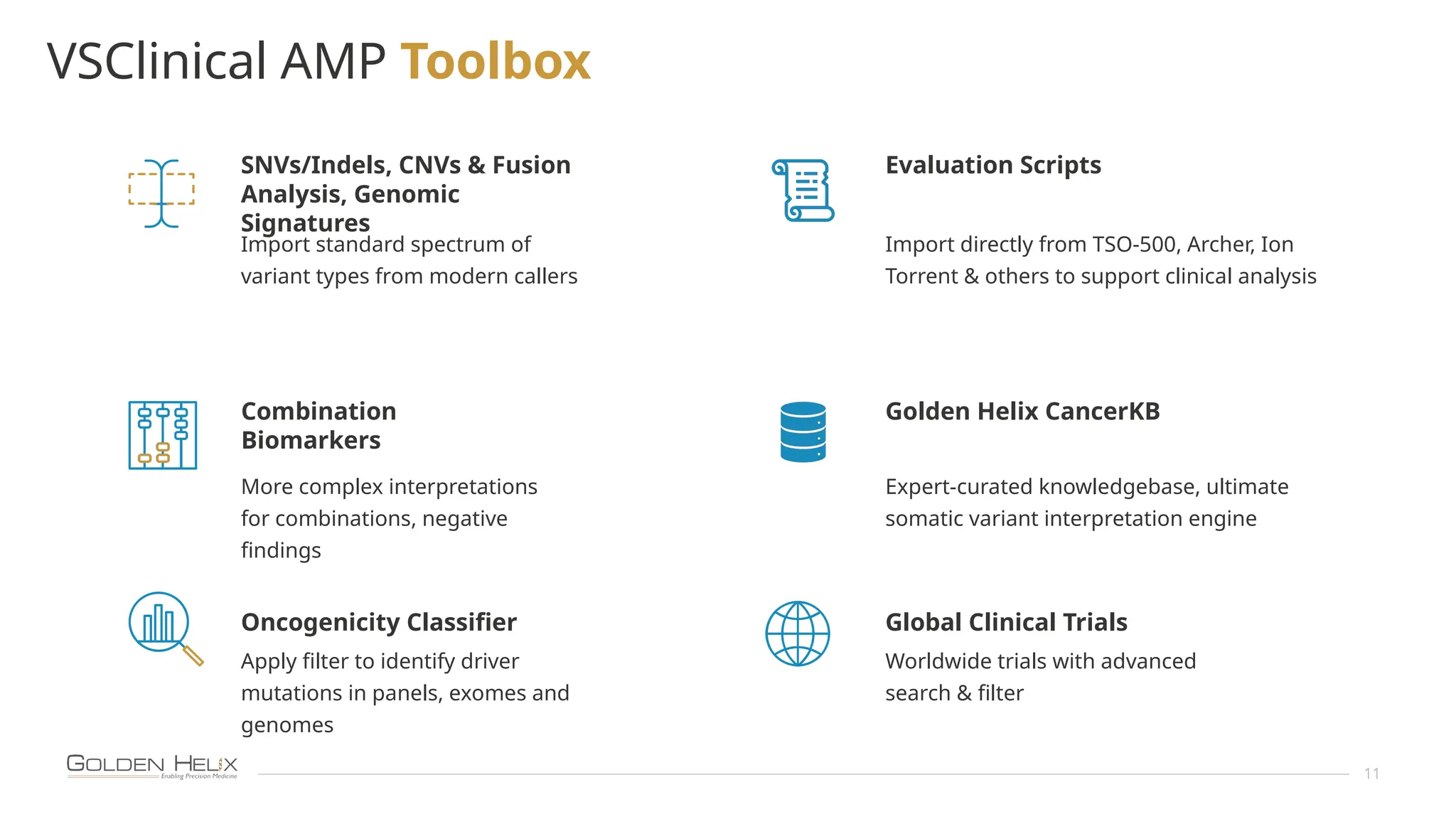 VSClinical AMP Toolbox
SNVs/Indels, CNVs & Fusion
Analysis, Genomic
Signatures
Import standard spectrum of
variant types from modern callers
Golden Helix CancerKB
Expert-curated knowledgebase, ultimate
somatic variant interpretation engine
Combination
Biomarkers
More complex interpretations
for combinations, negative
findings
Global Clinical Trials
Worldwide trials with advanced
search & filter
11
Evaluation Scripts
Import directly from TSO-500, Archer, Ion
Torrent & others to support clinical analysis
Oncogenicity Classifier
Apply filter to identify driver
mutations in panels, exomes and
genomes
 