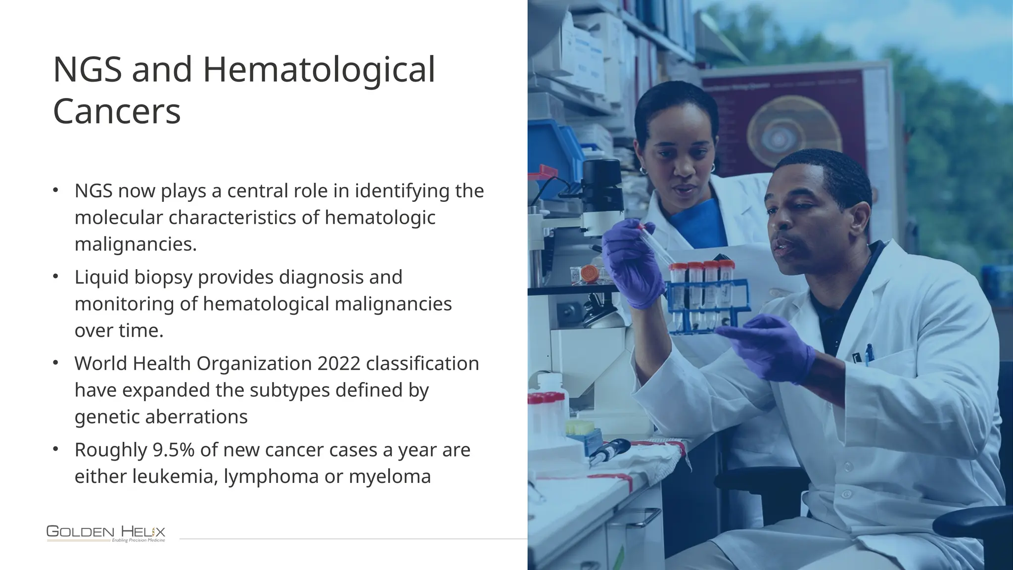 14
NGS and Hematological
Cancers
• NGS now plays a central role in identifying the
molecular characteristics of hematologic
malignancies.
• Liquid biopsy provides diagnosis and
monitoring of hematological malignancies
over time.
• World Health Organization 2022 classification
have expanded the subtypes defined by
genetic aberrations
• Roughly 9.5% of new cancer cases a year are
either leukemia, lymphoma or myeloma
 