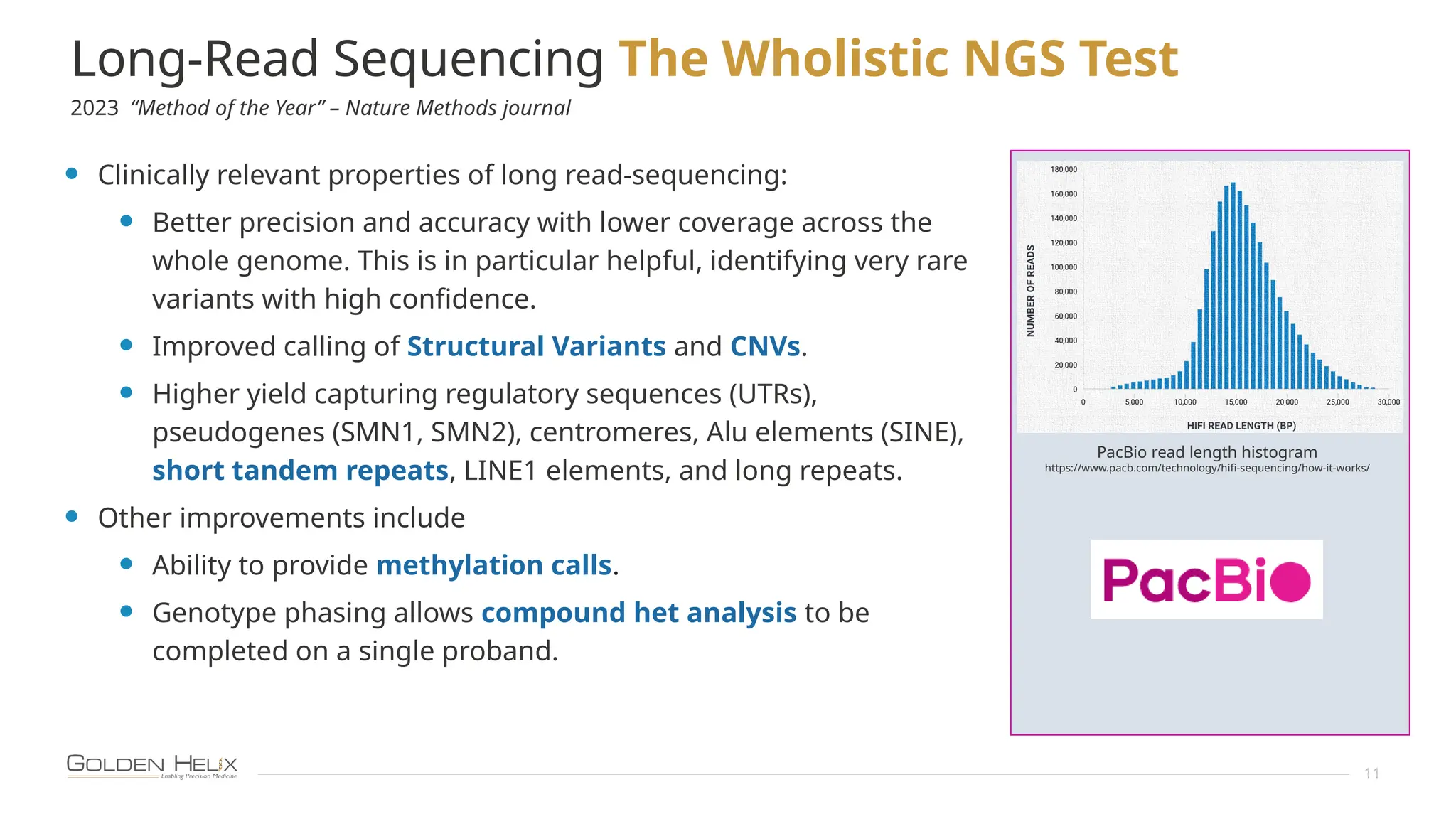 Long-Read Sequencing The Wholistic NGS Test
11
• Clinically relevant properties of long read-sequencing:
• Better precision and accuracy with lower coverage across the
whole genome. This is in particular helpful, identifying very rare
variants with high confidence.
• Improved calling of Structural Variants and CNVs.
• Higher yield capturing regulatory sequences (UTRs),
pseudogenes (SMN1, SMN2), centromeres, Alu elements (SINE),
short tandem repeats, LINE1 elements, and long repeats.
• Other improvements include
• Ability to provide methylation calls.
• Genotype phasing allows compound het analysis to be
completed on a single proband.
PacBio read length histogram
https://www.pacb.com/technology/hifi-sequencing/how-it-works/
2023 “Method of the Year” – Nature Methods journal
 