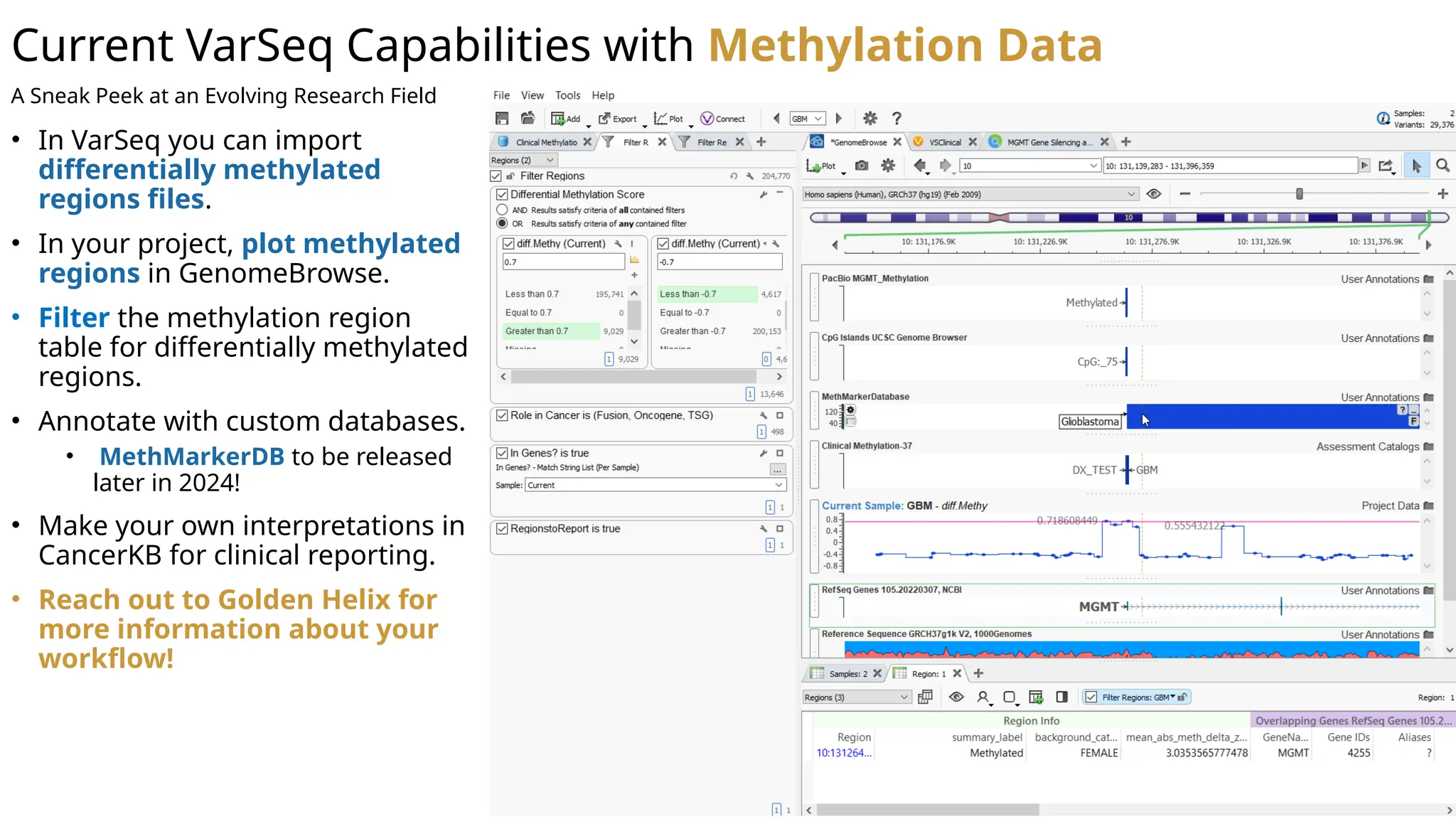 Current VarSeq Capabilities with Methylation Data
• In VarSeq you can import
differentially methylated
regions files.
• In your project, plot methylated
regions in GenomeBrowse.
• Filter the methylation region
table for differentially methylated
regions.
• Annotate with custom databases.
• MethMarkerDB to be released
later in 2024!
• Make your own interpretations in
CancerKB for clinical reporting.
• Reach out to Golden Helix for
more information about your
workflow!
A Sneak Peek at an Evolving Research Field
 