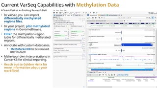 Current VarSeq Capabilities with Methylation Data
• In VarSeq you can import
differentially methylated
regions files.
• In your project, plot methylated
regions in GenomeBrowse.
• Filter the methylation region
table for differentially methylated
regions.
• Annotate with custom databases.
• MethMarkerDB to be released
later in 2024!
• Make your own interpretations in
CancerKB for clinical reporting.
• Reach out to Golden Helix for
more information about your
workflow!
A Sneak Peek at an Evolving Research Field
 