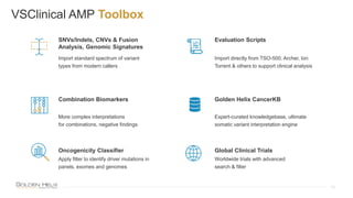 VSClinical AMP Toolbox
SNVs/Indels, CNVs & Fusion
Analysis, Genomic Signatures
Import standard spectrum of variant
types from modern callers
Golden Helix CancerKB
Expert-curated knowledgebase, ultimate
somatic variant interpretation engine
Combination Biomarkers
More complex interpretations
for combinations, negative findings
Global Clinical Trials
Worldwide trials with advanced
search & filter
15
Evaluation Scripts
Import directly from TSO-500, Archer, Ion
Torrent & others to support clinical analysis
Oncogenicity Classifier
Apply filter to identify driver mutations in
panels, exomes and genomes
 