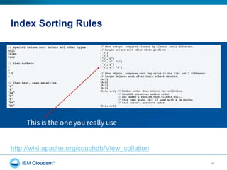 Index Sorting Rules
39
http://wiki.apache.org/couchdb/View_collation
 