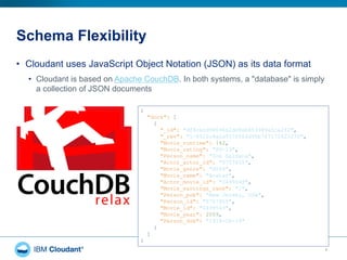 Schema Flexibility
7
• Cloudant uses JavaScript Object Notation (JSON) as its data format
• Cloudant is based on Apache CouchDB. In both systems, a "database" is simply
a collection of JSON documents
{
"docs": [
{
"_id": "df8cecd9809662d08eb853989a5ca2f2",
"_rev": "1-8522c9a1d9570566d96b7f7171623270",
"Movie_runtime": 162,
"Movie_rating": "PG-13",
"Person_name": "Zoe Saldana",
"Actor_actor_id": "0757855",
"Movie_genre": "AVYS",
"Movie_name": "Avatar",
"Actor_movie_id": "0499549",
"Movie_earnings_rank": "1",
"Person_pob": "New Jersey, USA",
"Person_id": "0757855",
"Movie_id": "0499549",
"Movie_year": 2009,
"Person_dob": "1978-06-19"
}
]
}
 
