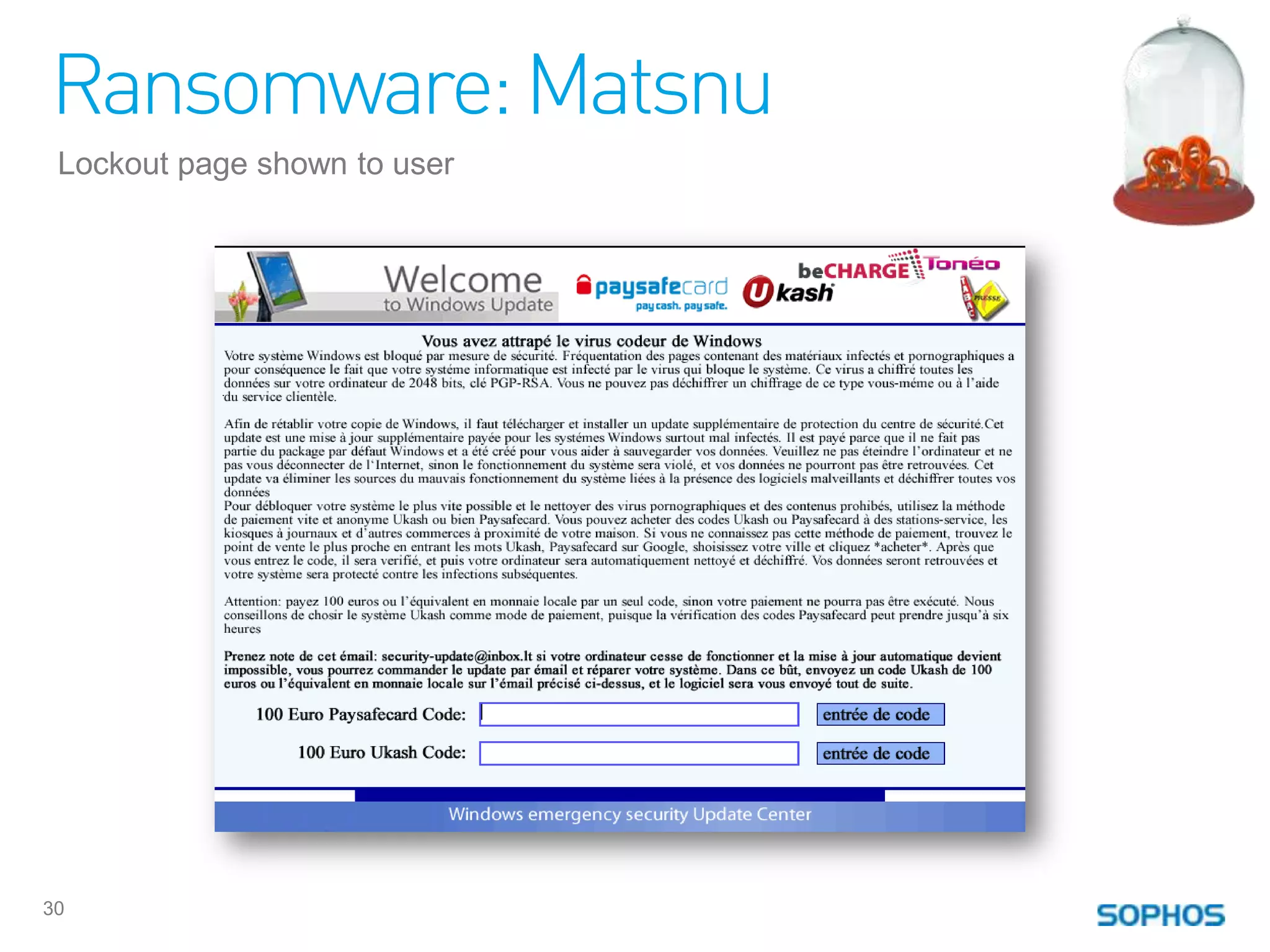 Ransomware: Matsnu
 Lockout page shown to user




30
 
