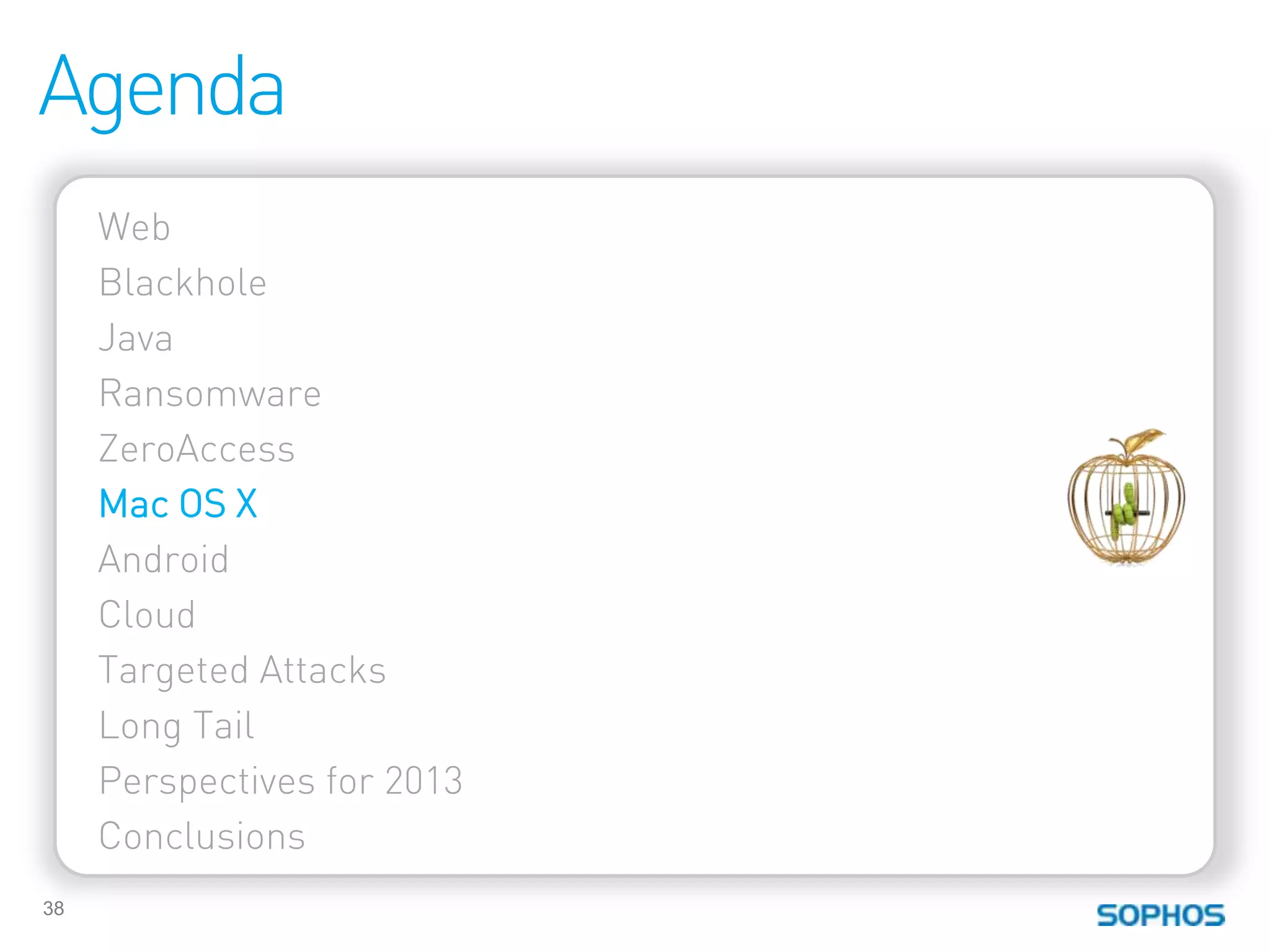 Agenda
     Web
     Blackhole
     Java
     Ransomware
     ZeroAccess
     Mac OS X
     Android
     Cloud
     Targeted Attacks
     Long Tail
     Perspectives for 2013
     Conclusions
38
 
