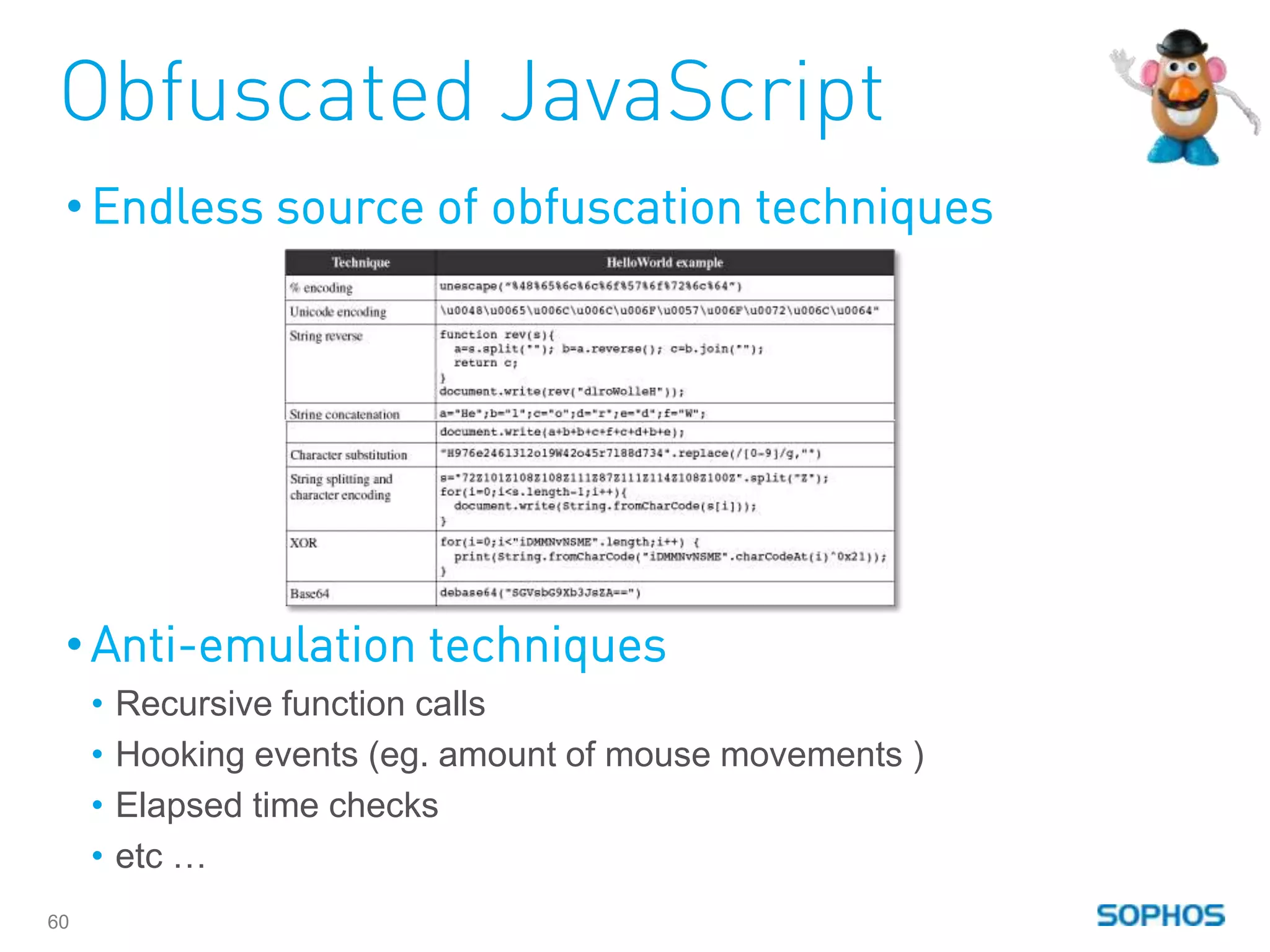 Obfuscated JavaScript
 • Endless source of obfuscation techniques




 • Anti-emulation techniques
     •   Recursive function calls
     •   Hooking events (eg. amount of mouse movements )
     •   Elapsed time checks
     •   etc …
60
 