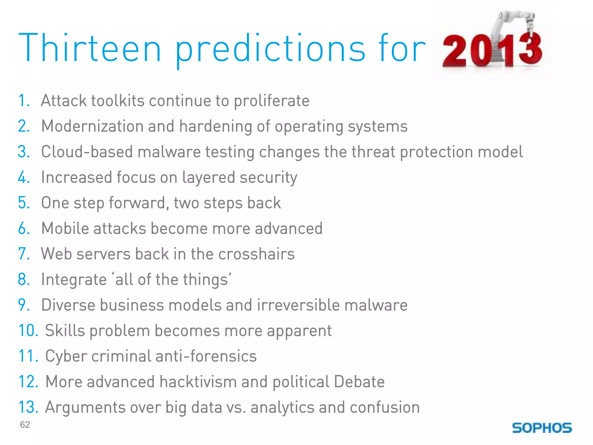 Thirteen predictions for
1. Attack toolkits continue to proliferate
2. Modernization and hardening of operating systems
3. Cloud-based malware testing changes the threat protection model
4. Increased focus on layered security
5. One step forward, two steps back
6. Mobile attacks become more advanced
7. Web servers back in the crosshairs
8. Integrate ‘all of the things’
9. Diverse business models and irreversible malware
10. Skills problem becomes more apparent
11. Cyber criminal anti-forensics
12. More advanced hacktivism and political Debate
13. Arguments over big data vs. analytics and confusion
62
 