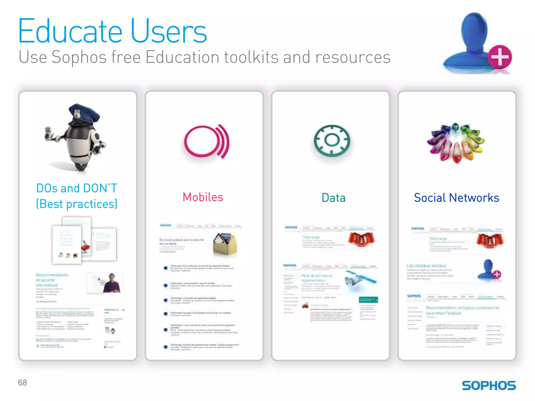 Educate Users
Use Sophos free Education toolkits and resources




     DOs and DON’T
                        Mobiles        Data        Social Networks
     (Best practices)




68
 