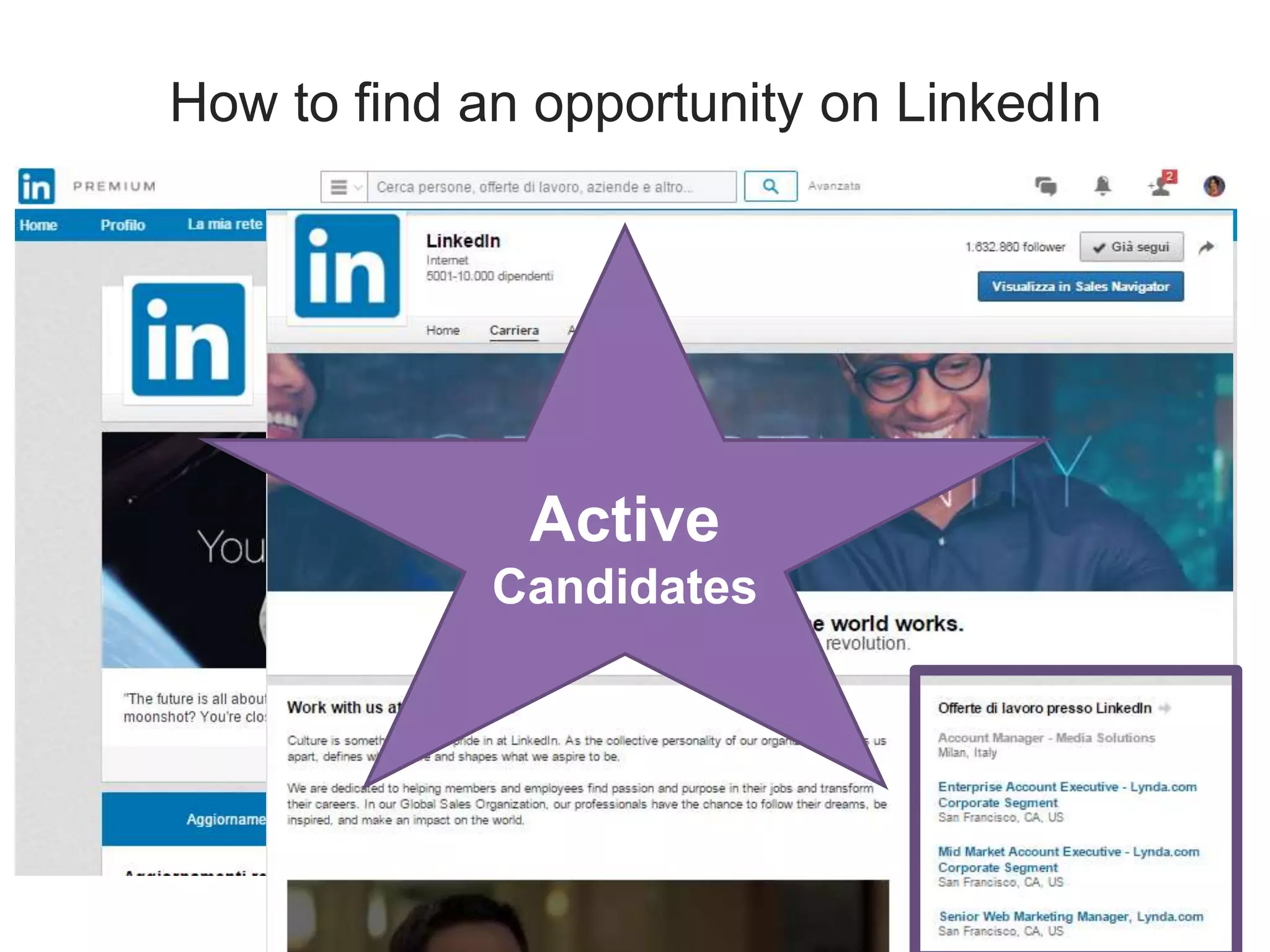 How to find an opportunity on LinkedIn
Active
Candidates
 