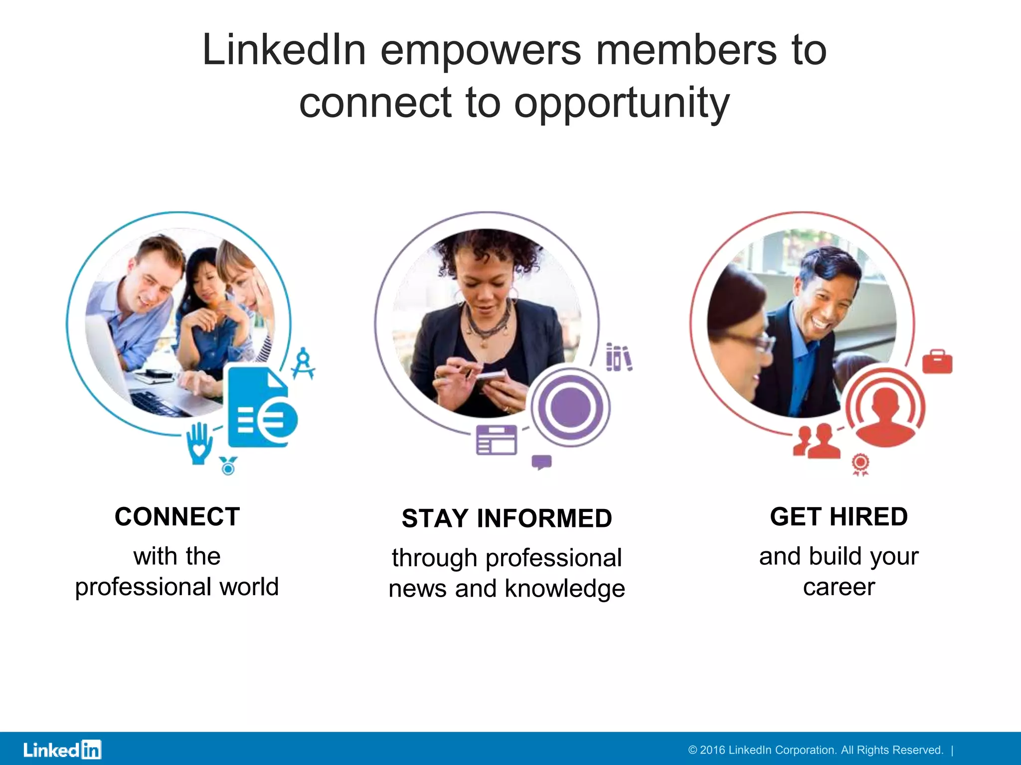 STAY INFORMED
through professional
news and knowledge
CONNECT
with the
professional world
GET HIRED
and build your
career
LinkedIn empowers members to
connect to opportunity
© 2016 LinkedIn Corporation. All Rights Reserved. |
 