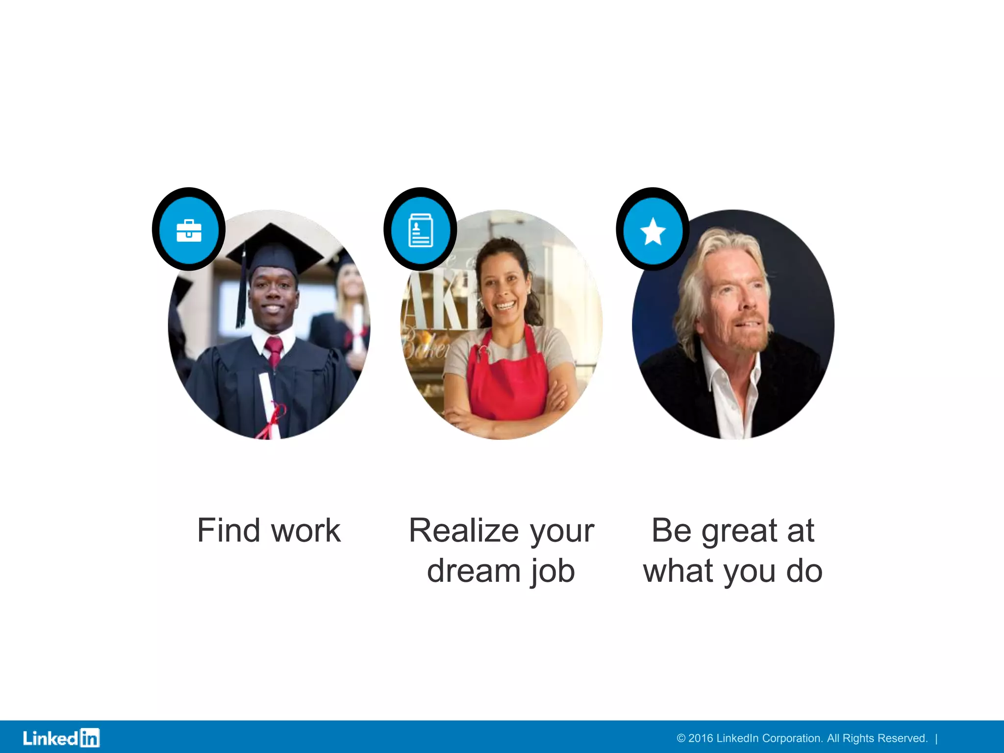 Realize your
dream job
Find work Be great at
what you do
© 2016 LinkedIn Corporation. All Rights Reserved. |
 