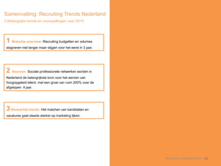Samenvatting: Recruiting Trends Nederland 
3 Belangrijke trends en voorspellingen voor 2015 
1 Branche overview: Recruitin...