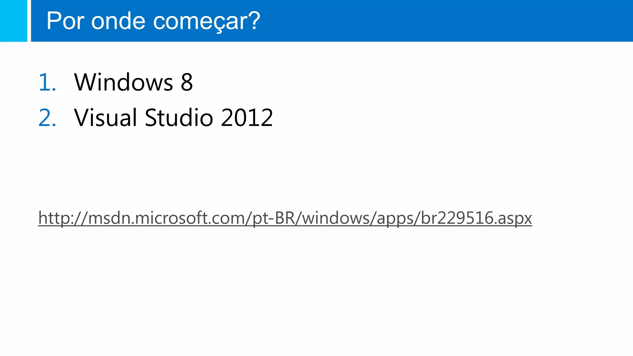 Por onde começar?

1. Windows 8
2. Visual Studio 2012


http://msdn.microsoft.com/pt-BR/windows/apps/br229516.aspx
 