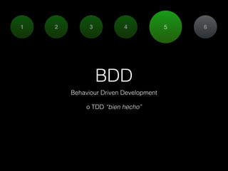 1

2

3

4

BDD
Behaviour Driven Development
!

o TDD “bien hecho”

5

6

 