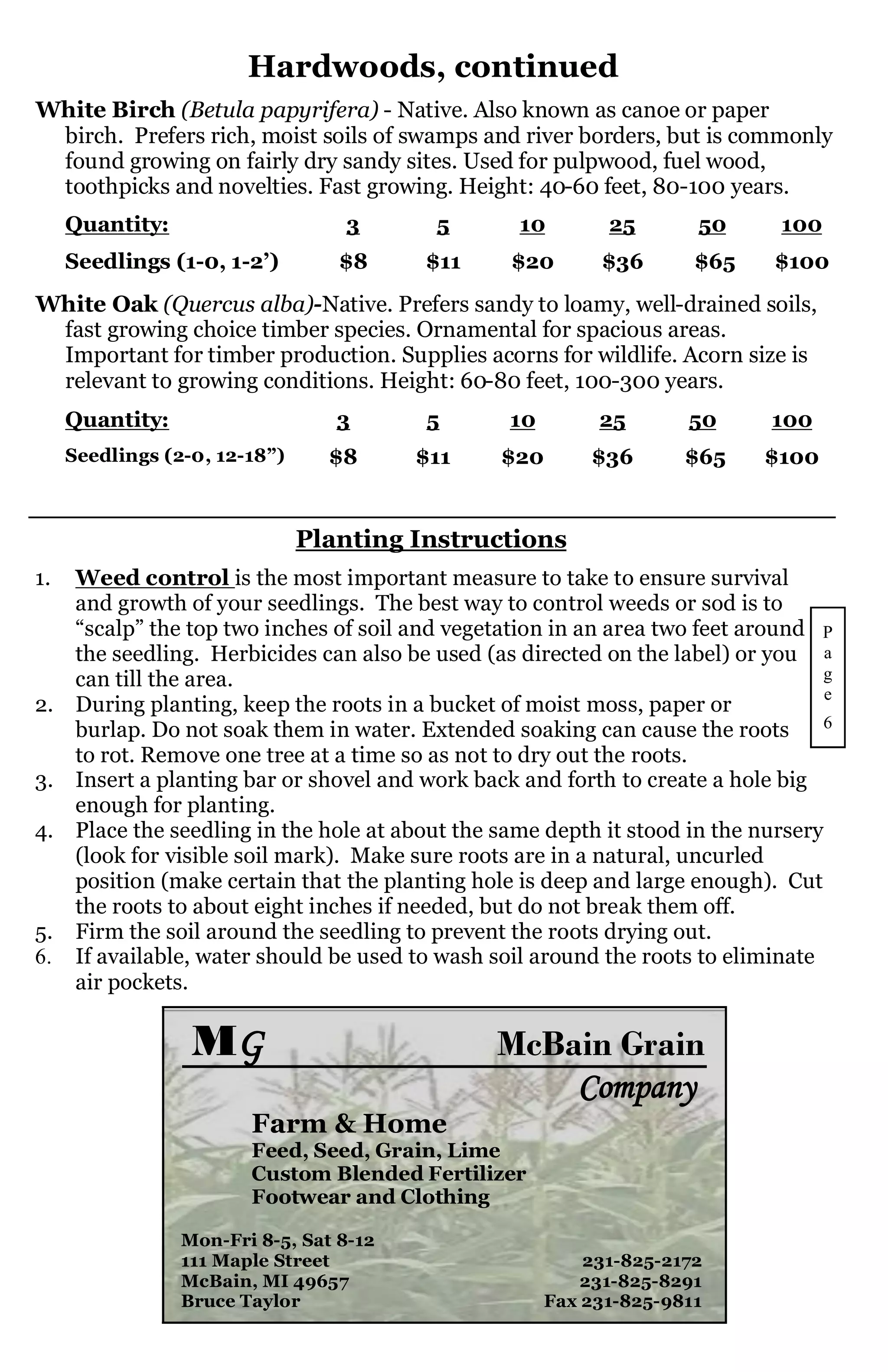 Hardwoods, continued
White Birch (Betula papyrifera) - Native. Also known as canoe or paper
 birch. Prefers rich, moist soils of swamps and river borders, but is commonly
 found growing on fairly dry sandy sites. Used for pulpwood, fuel wood,
 toothpicks and novelties. Fast growing. Height: 40-60 feet, 80-100 years.
     Quantity:                    3       5       10        25       50      100
     Seedlings (1-0, 1-2’)        $8     $11     $20       $36       $65    $100

White Oak (Quercus alba)-Native. Prefers sandy to loamy, well-drained soils,
 fast growing choice timber species. Ornamental for spacious areas.
 Important for timber production. Supplies acorns for wildlife. Acorn size is
 relevant to growing conditions. Height: 60-80 feet, 100-300 years.
     Quantity:                    3      5       10        25       50      100
     Seedlings (2-0, 12-18”)     $8      $11    $20       $36       $65    $100


                               Planting Instructions
1. Weed control is the most important measure to take to ensure survival
   and growth of your seedlings. The best way to control weeds or sod is to
   “scalp” the top two inches of soil and vegetation in an area two feet around P
   the seedling. Herbicides can also be used (as directed on the label) or you a
   can till the area.                                                             g
                                                                                  e
2. During planting, keep the roots in a bucket of moist moss, paper or
   burlap. Do not soak them in water. Extended soaking can cause the roots        6
   to rot. Remove one tree at a time so as not to dry out the roots.
3. Insert a planting bar or shovel and work back and forth to create a hole big
   enough for planting.
4. Place the seedling in the hole at about the same depth it stood in the nursery
   (look for visible soil mark). Make sure roots are in a natural, uncurled
   position (make certain that the planting hole is deep and large enough). Cut
   the roots to about eight inches if needed, but do not break them off.
5. Firm the soil around the seedling to prevent the roots drying out.
6. If available, water should be used to wash soil around the roots to eliminate
   air pockets.

                  MG                            McBain Grain
                                                    Company
                        Farm & Home
                        Feed, Seed, Grain, Lime
                        Custom Blended Fertilizer
                        Footwear and Clothing

                 Mon-Fri 8-5, Sat 8-12
                 111 Maple Street                         231-825-2172
                 McBain, MI 49657                         231-825-8291
                 Bruce Taylor                         Fax 231-825-9811
 