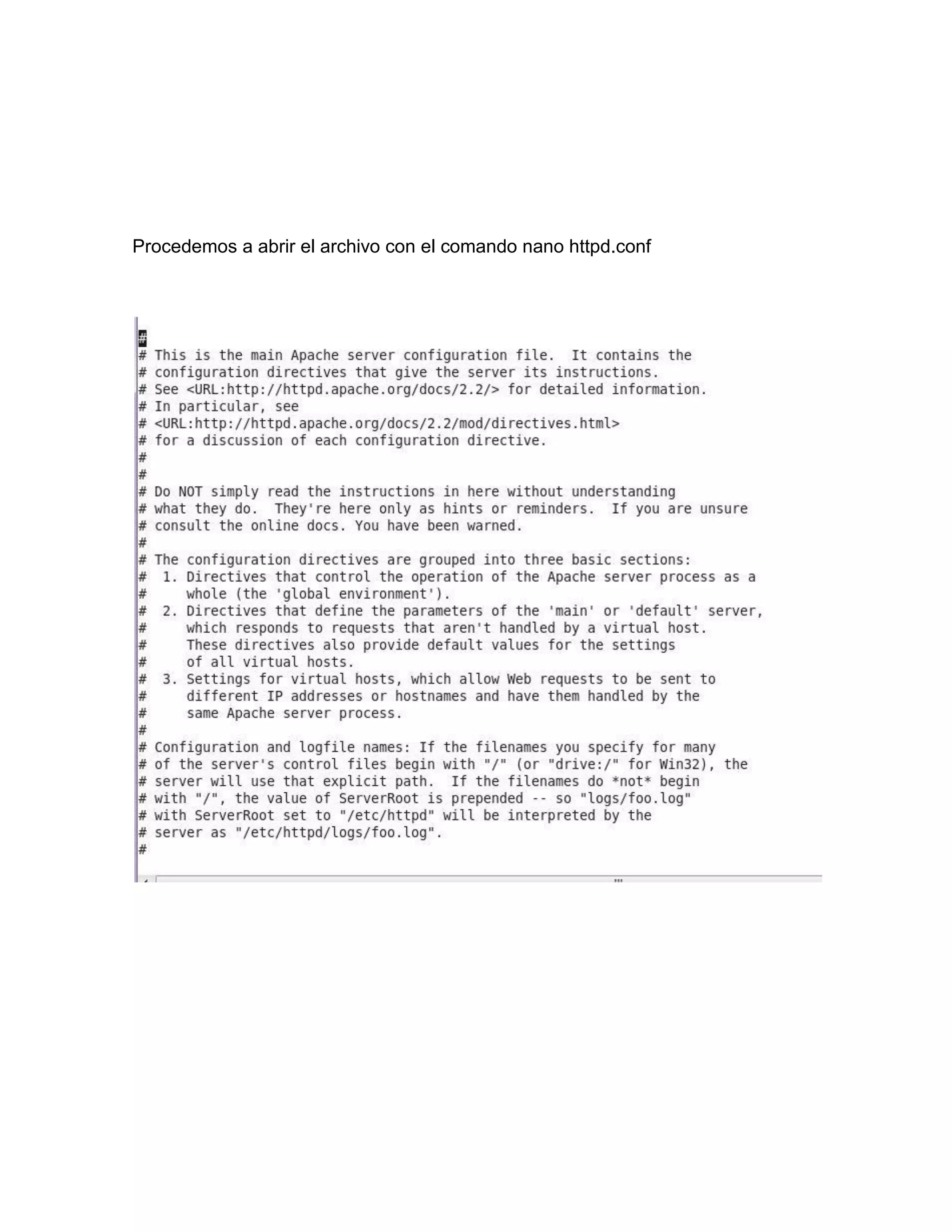Procedemos a abrir el archivo con el comando nano httpd.conf
 
